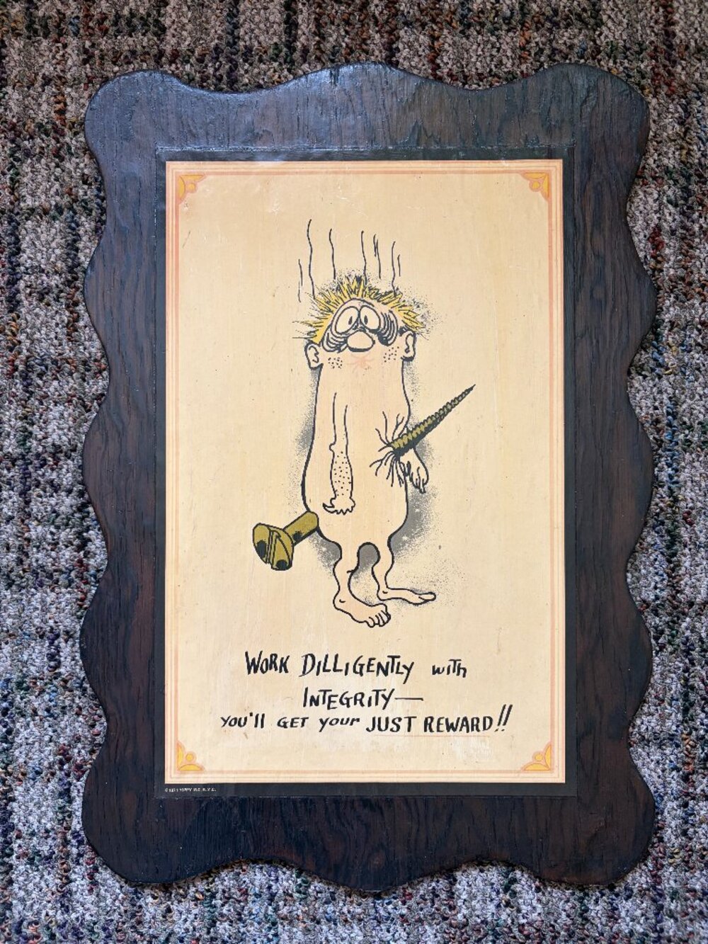 Vtg 1971 Yippy "Work Diligently-Integrity-Just Reward" Poster on Wood Hanging